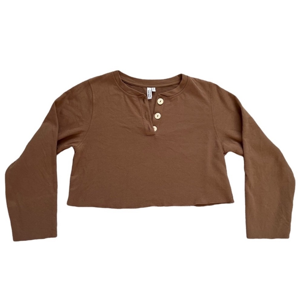 𝅺& Other Stories Brown Crop Sweatshirt Button Neck Long Sleeve Flawed Small